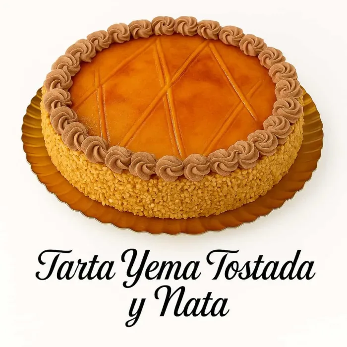 Tarta de menú de hostelería de yema tostada y nata.