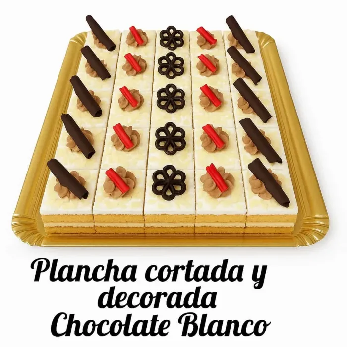 Plancha cortada y decorada, chocolate blanco.