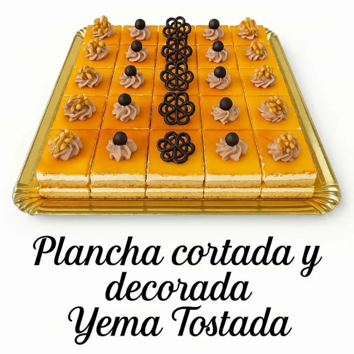 Plancha cortada y decorada, yema tostada.